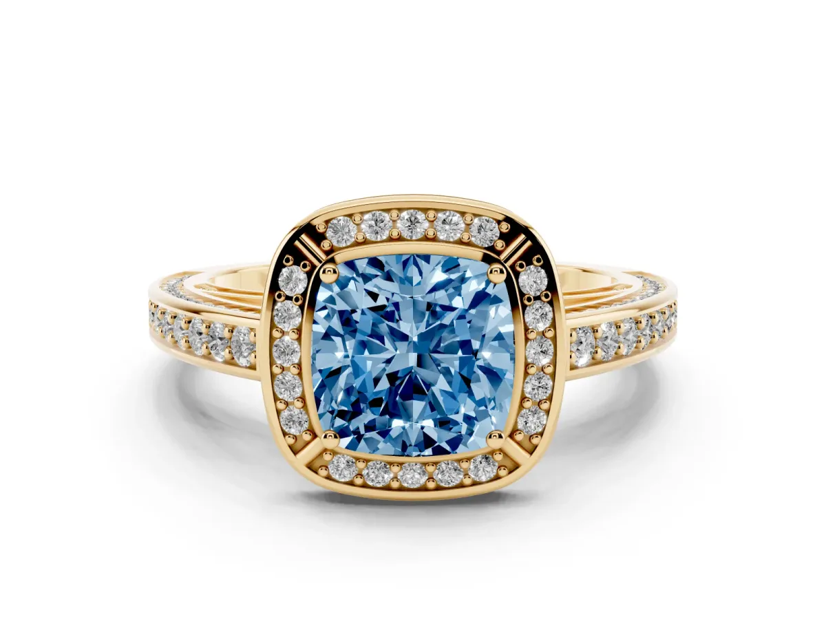 Fancy Blue Cushion Cut Cut Halo Pave Split Shank Prong Setting Ring Yellow gold