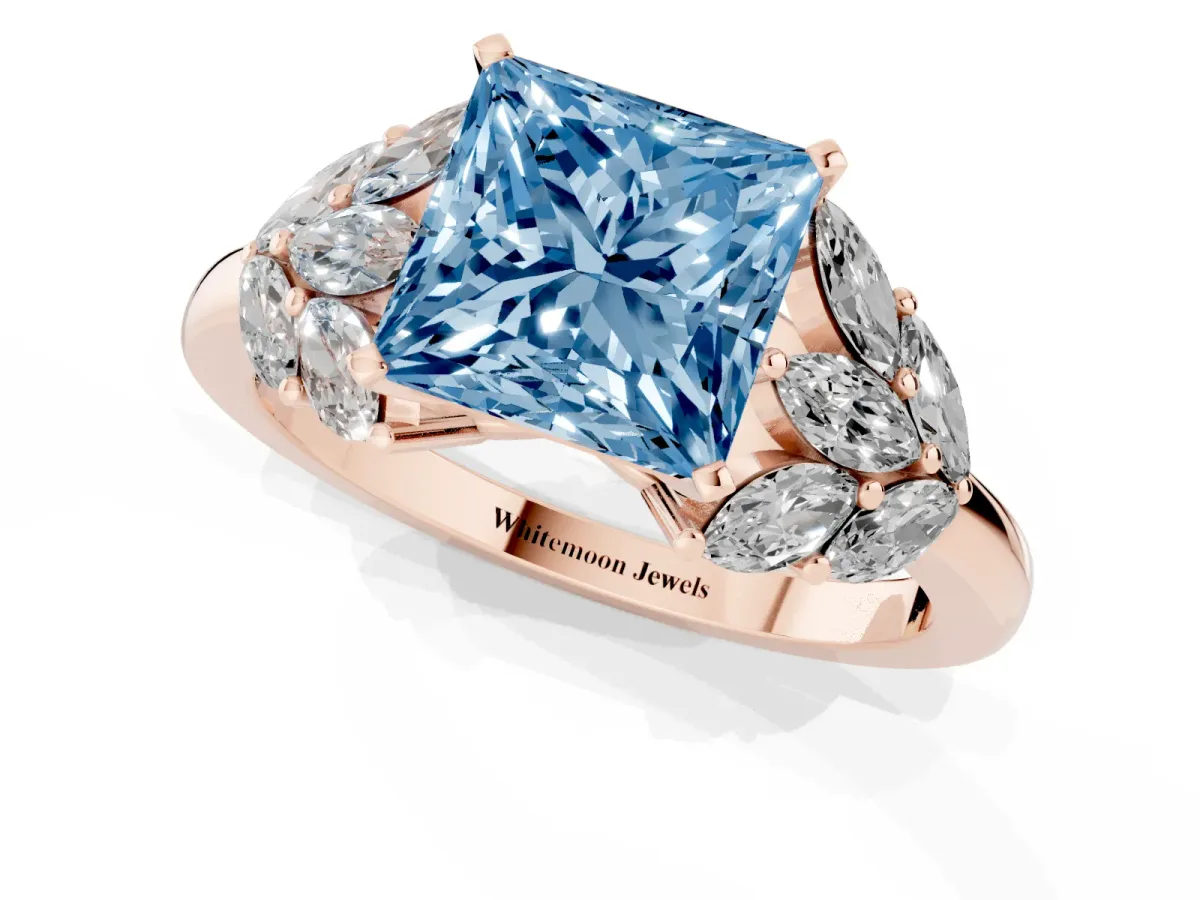 Fancy Blue Princess Cut Diamond Cluster Leaf Design Ring with Prong Setting Rose gold