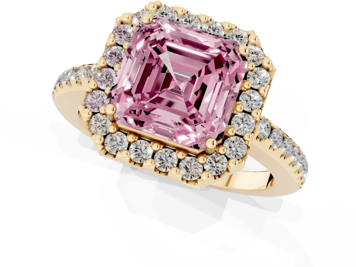 Fancy Pink Asscher Cut Diamond Pavé Halo Ring with Four-Prong Setting Yellow gold