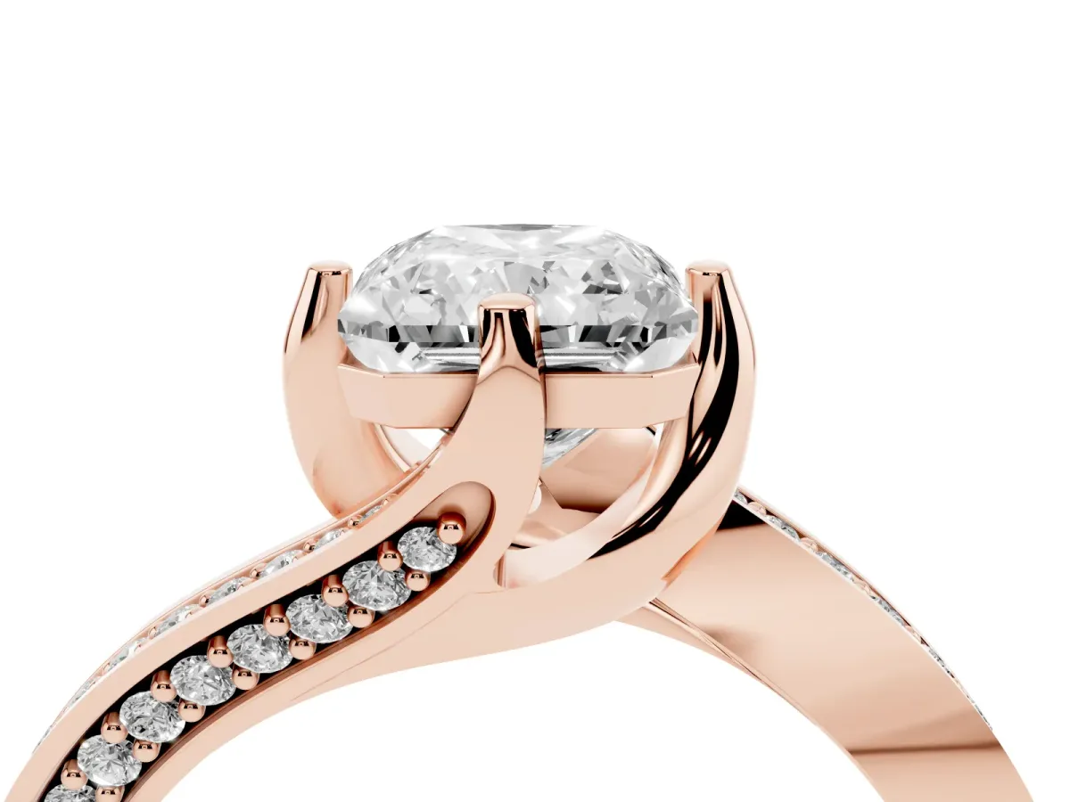 Radiant Cut Solitaire Diamond Twist Band with Pavé Setting and Four-Prong Setting Rose gold