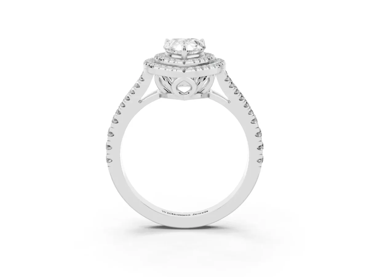 Pear Cut Diamond Double Halo Ring with Pavé Band and Prong Setting Silver