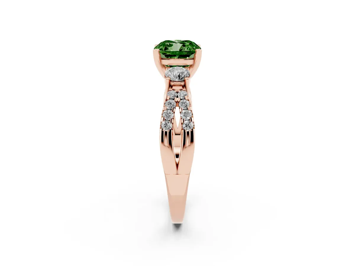 Fancy Green Cushion Cut Diamond Three-Stone Ring with Pavé Split Shank and Four-Prong Setting Rose gold