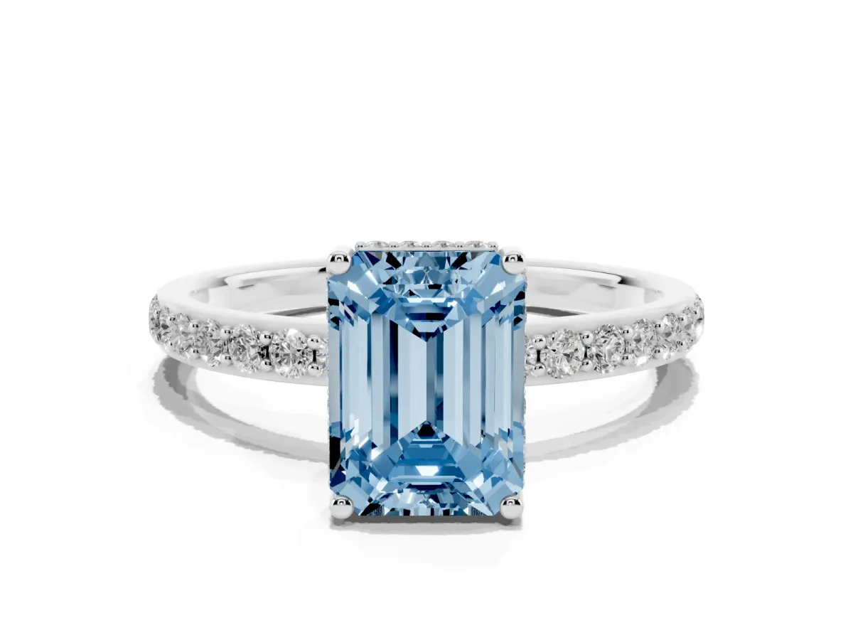 Fancy Blue Emerald Cut Diamond Solitaire Ring with Pavé Band and Hidden Halo White gold