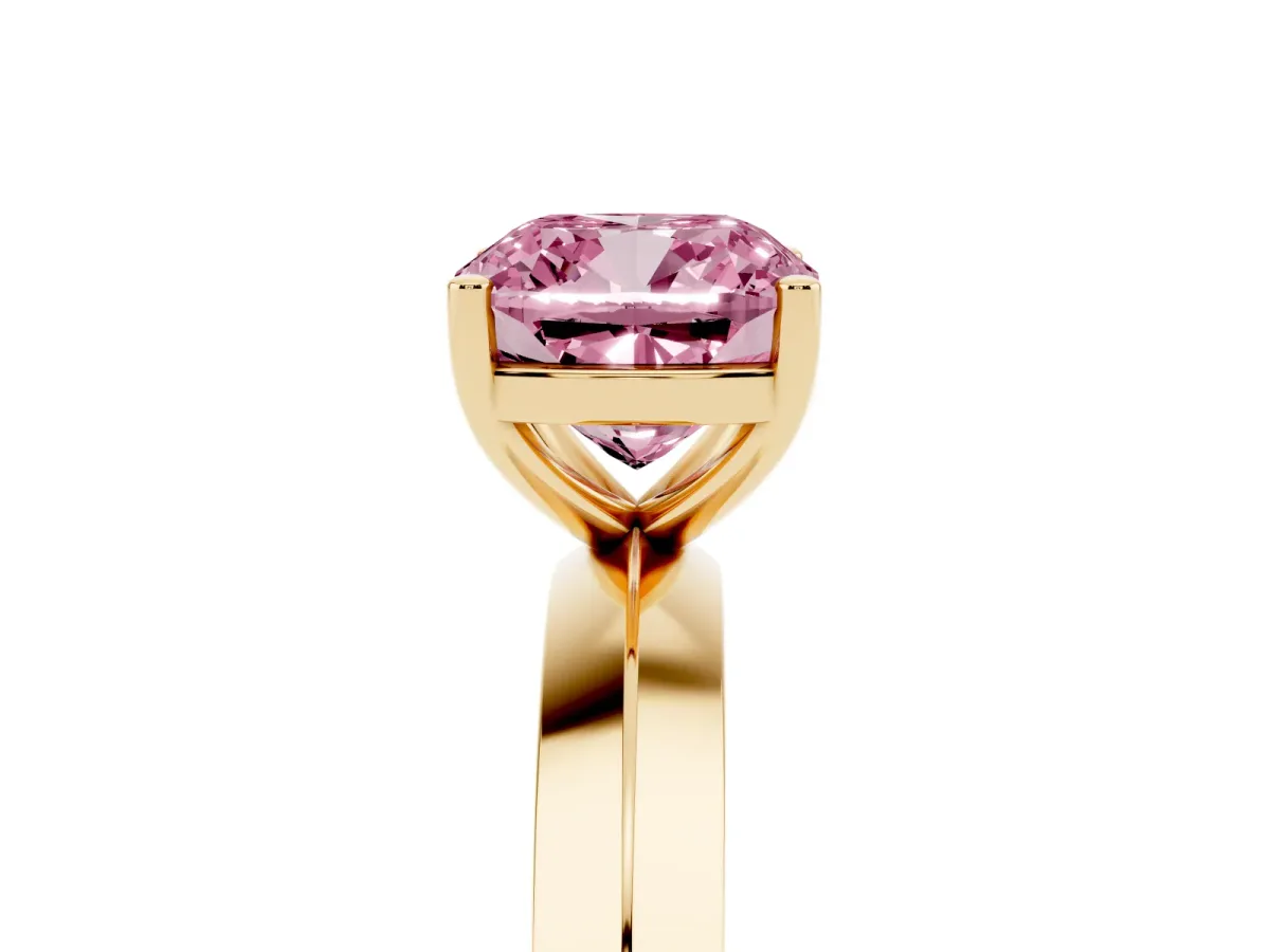 Fancy Pink Cushion Cut Cut Solitaire Engagement Ring with Flat Band and Four-Prong Setting Yellow gold
