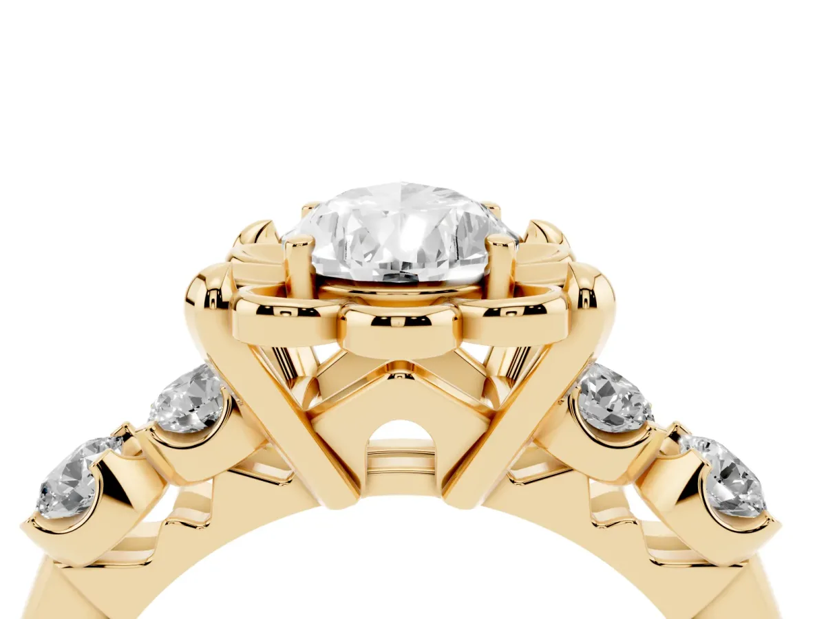 Pear Cut Cut Diamond Floral Halo Engagement Ring with Shared Prong Setting Yellow gold