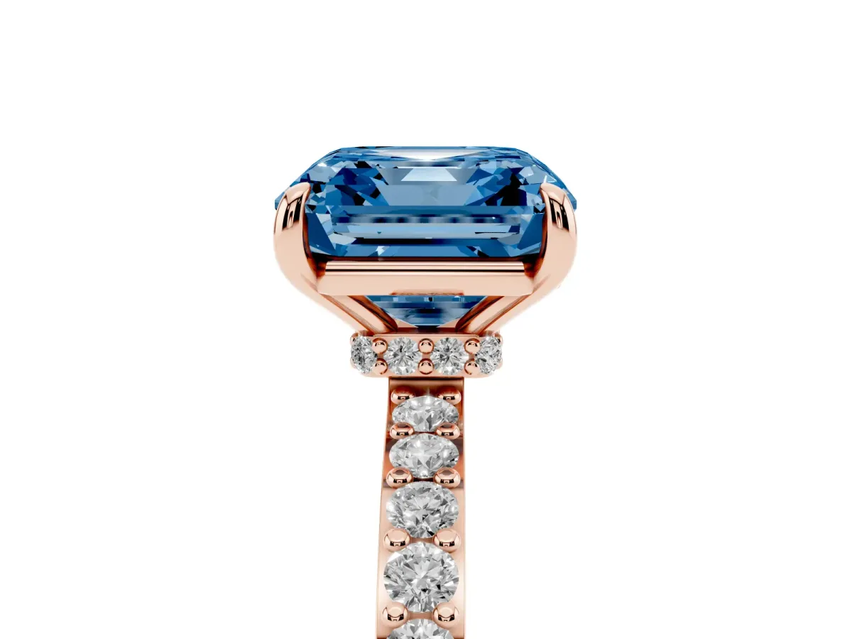 Fancy Blue Asscher Cut Diamond Pavé Engagement Ring with Round Accents and Prong Setting Rose gold