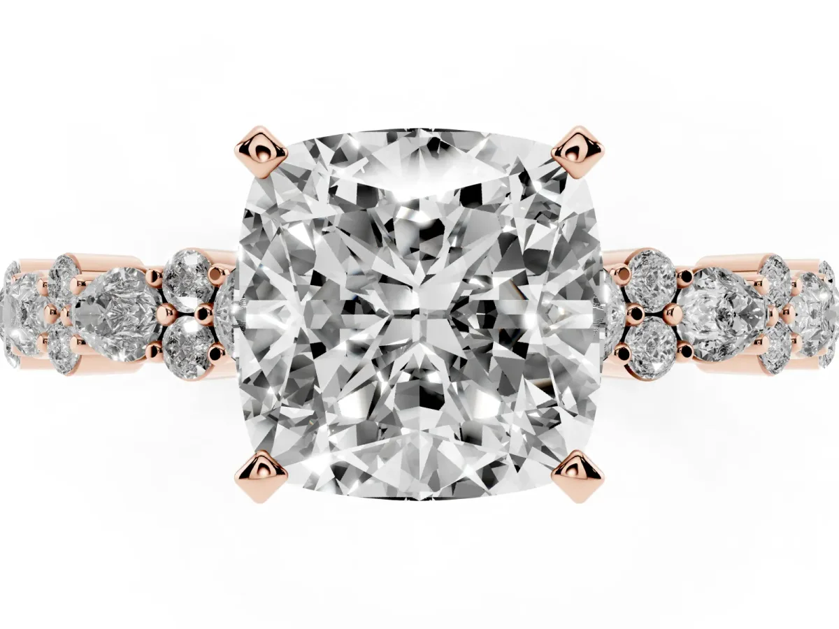 Cushion Cut Diamond Side Stone Solitaire Ring with Round and Four-Prong Setting Rose gold