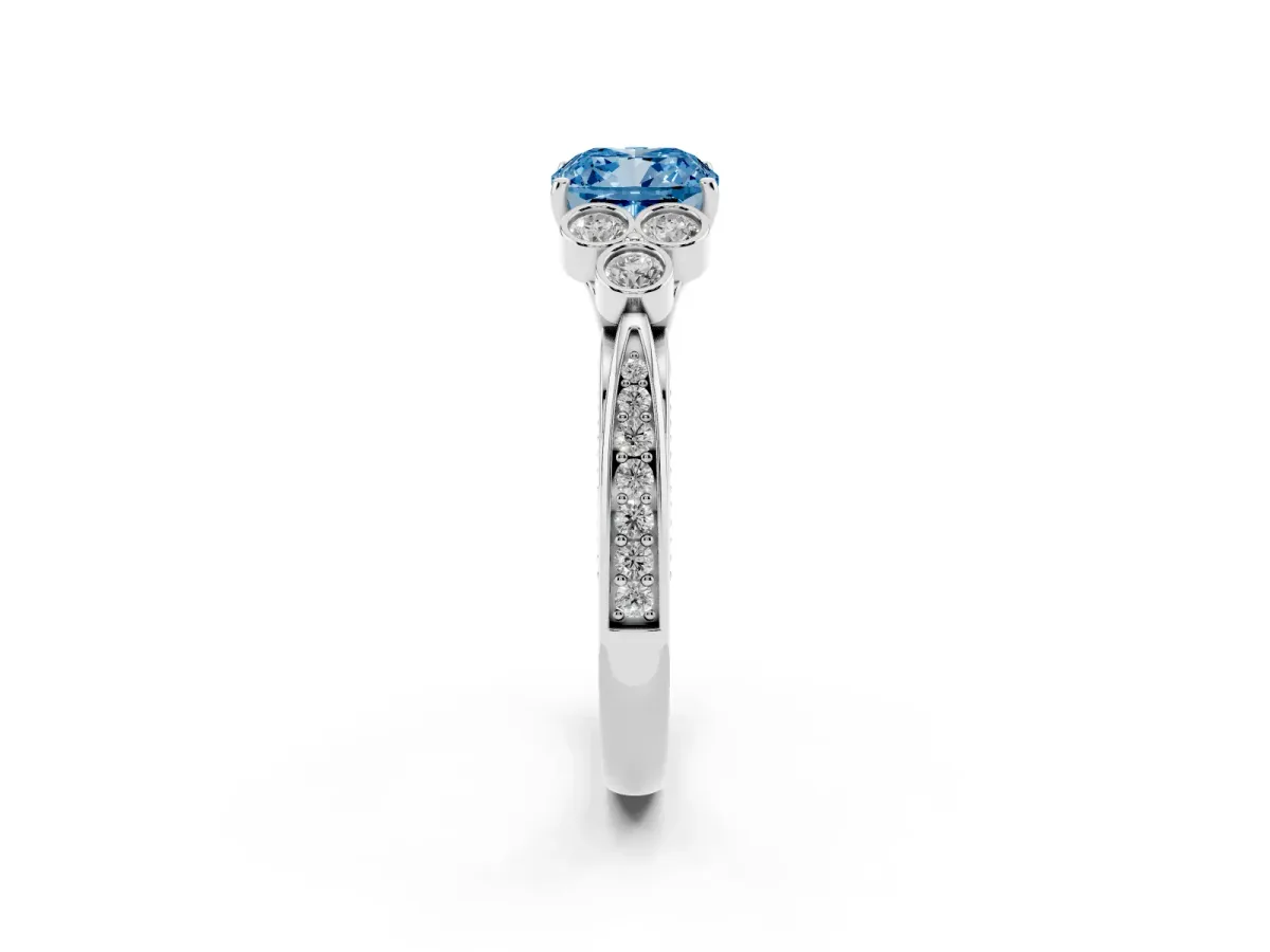 Fancy Blue Cushion Cut Cut Diamond Engagement Ring with Bezel Set Round Side Stones and Prong Setting White gold