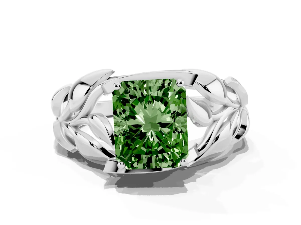 Fancy Green Radiant Cut Diamond Leaf-Inspired Engagement Ring with Round Accents and Prong Setting White gold