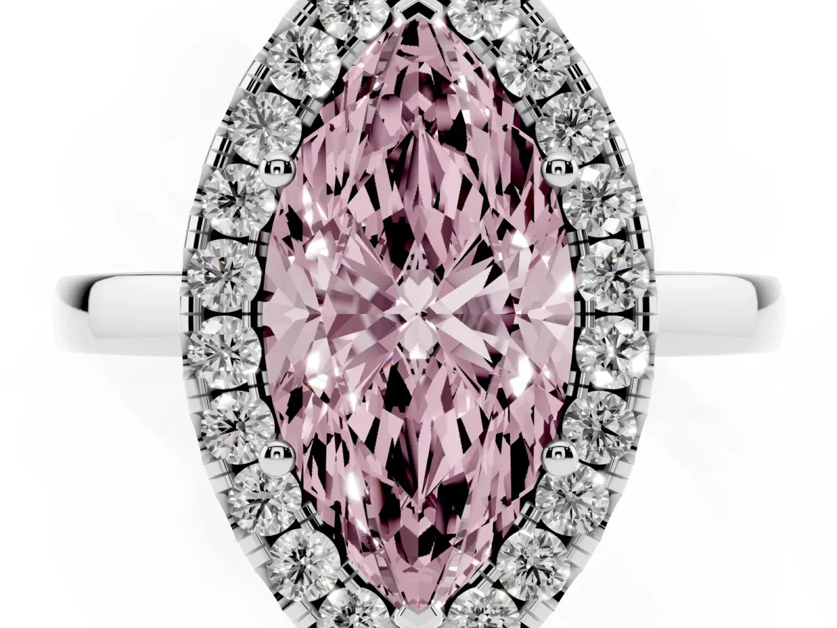 Fancy Pink Marquise Cut Halo Diamond Solitaire with Pavé Band and Four-Prong Setting White gold