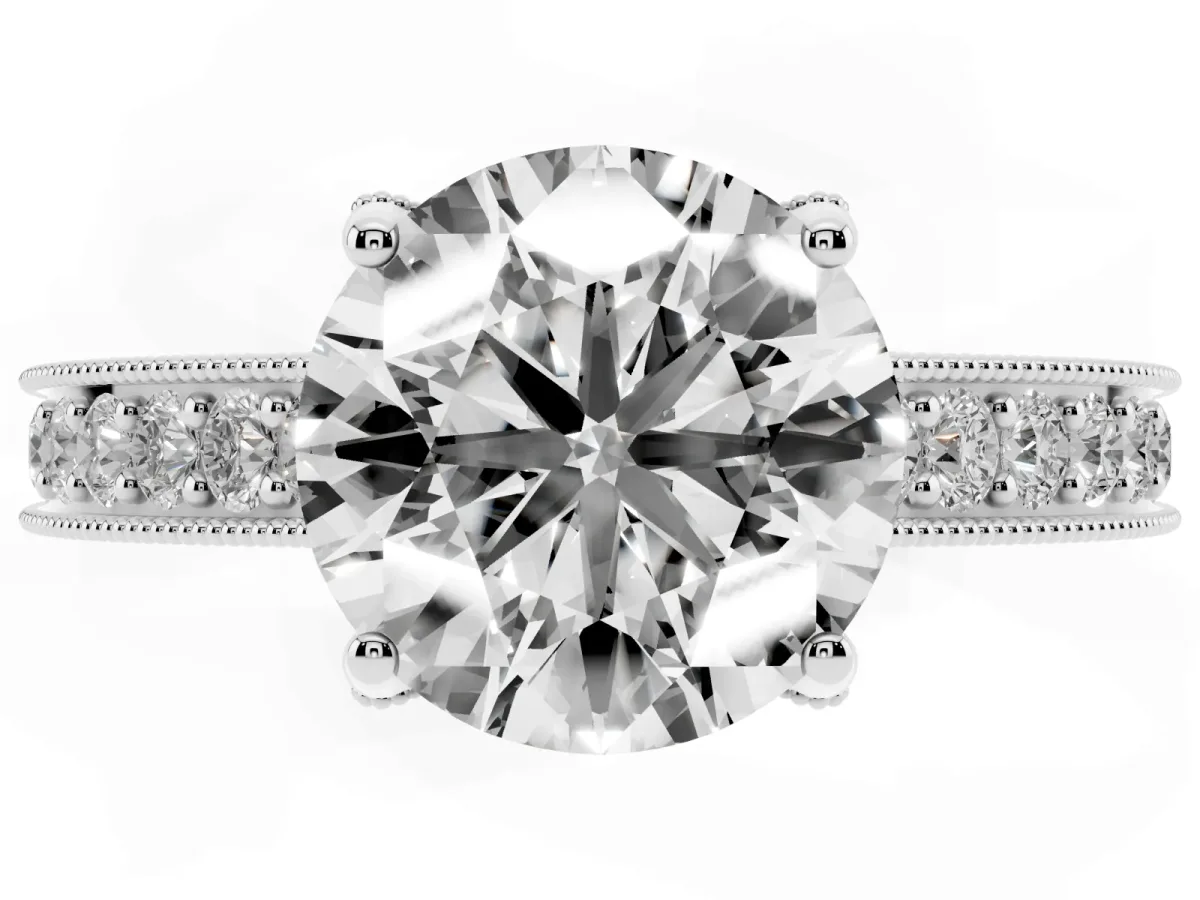 Round Cut Cut Diamond Solitaire Ring with Milgrain Pave Band and Four Prong Setting White gold