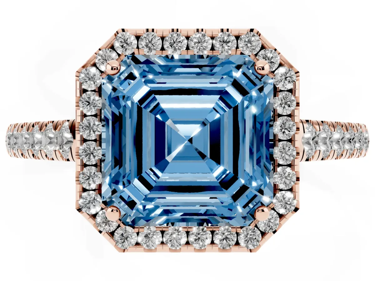 Fancy Blue Asscher Cut Halo Pave Diamond Engagement Ring with Four-Prong Setting Rose gold