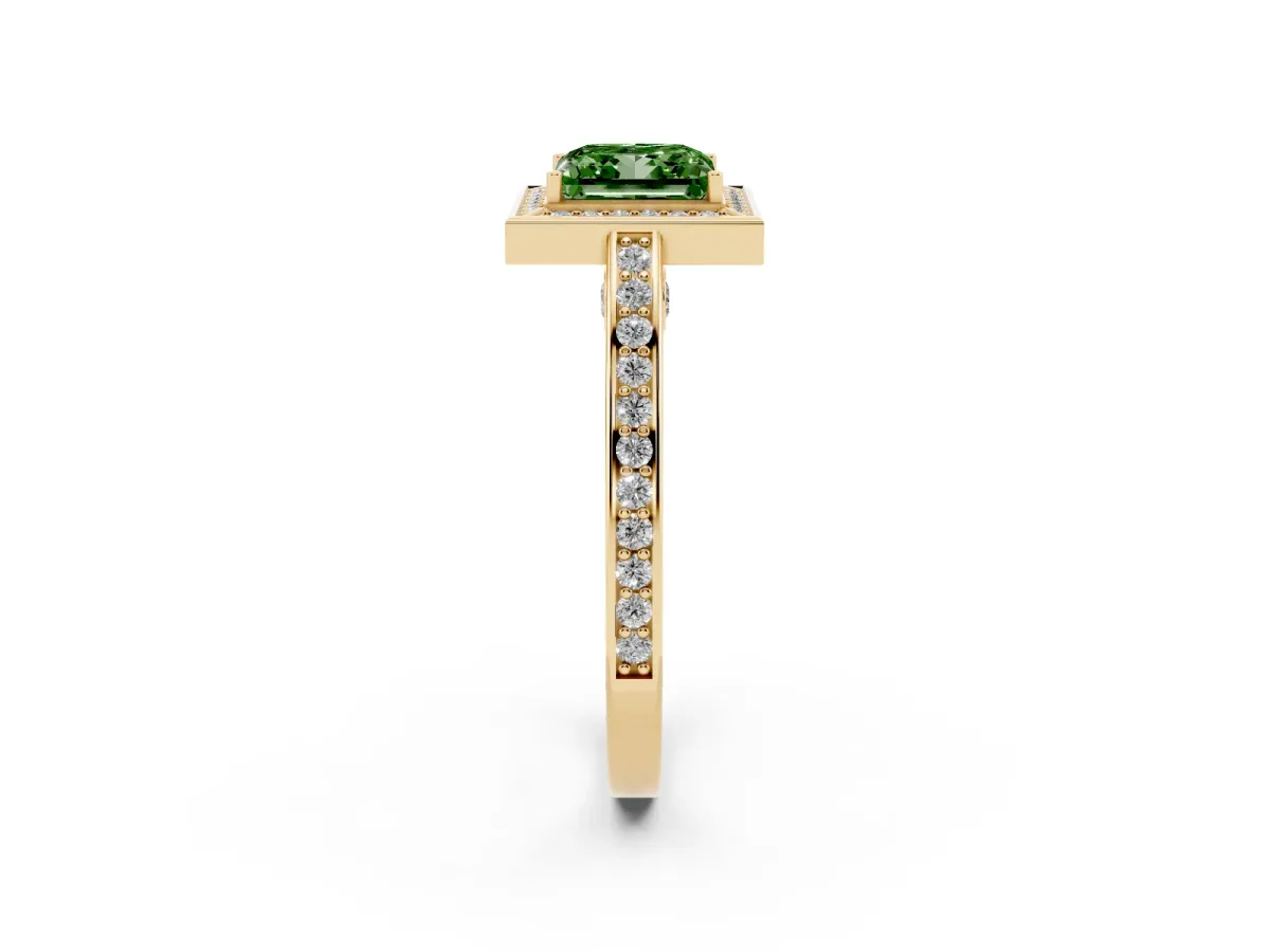 Fancy Green Princess Cut Cut Halo Pave Split Shank Prong Setting Ring Yellow gold