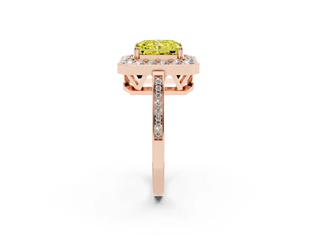 Fancy Yellow Radiant Cut Diamond Halo Ring with Split Shank and Four-Prong Setting Rose gold