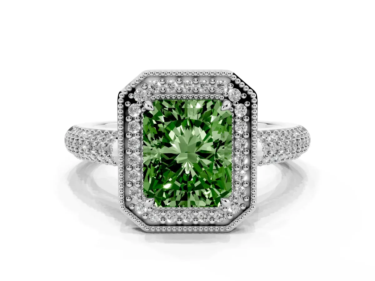 Fancy Green Radiant Cut Cut Halo Diamond Pave Band with Four-Prong Setting Silver