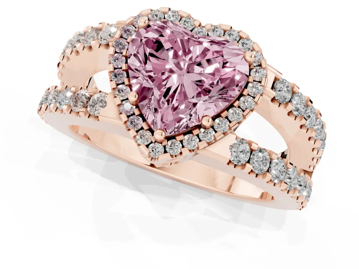 Fancy Pink Heart Cut Cut Halo Split Shank Diamond Ring with Four-Prong Setting Rose gold