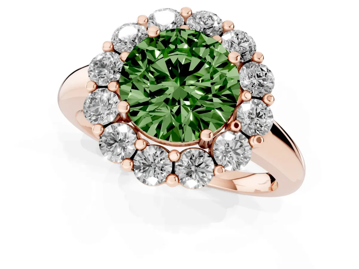 Fancy Green Round Cut Halo Cluster Diamond Engagement Ring with Prong Setting and Polished Band Rose gold