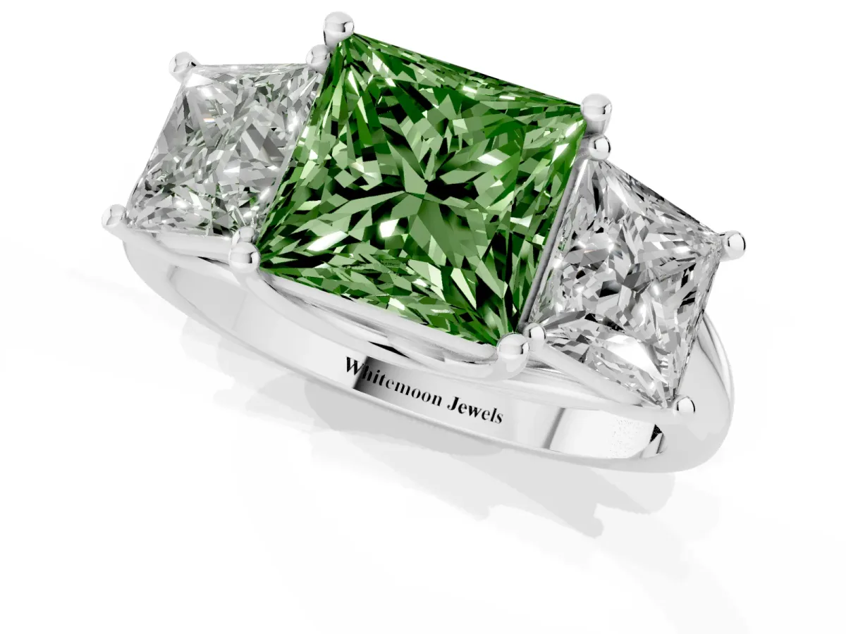 Fancy Green Three-Stone Princess Cut Diamond Engagement Ring with Prong Setting Platinum