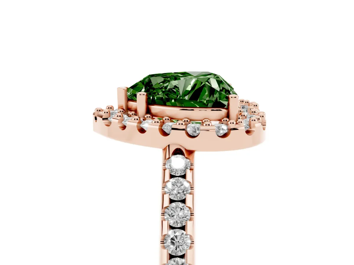 Fancy Green Heart Cut Diamond Pavé Halo Ring with Four-Prong Setting Rose gold