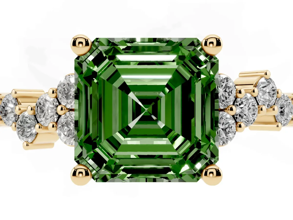 Fancy Green Asscher Cut Diamond Scattered Round Accent Ring with Prong Setting Yellow gold