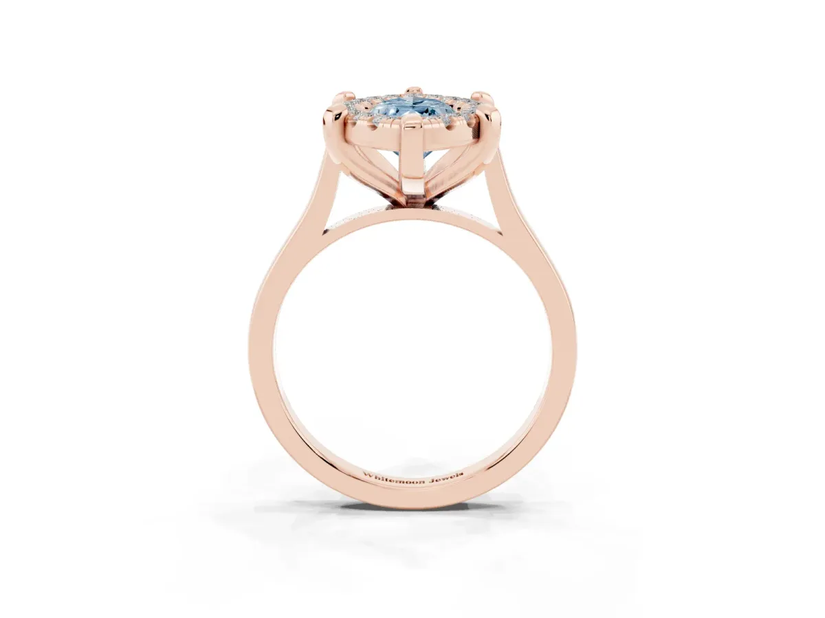 Fancy Blue Marquise Cut Diamond Cluster Halo Solitaire with Four-Prong Setting Rose gold