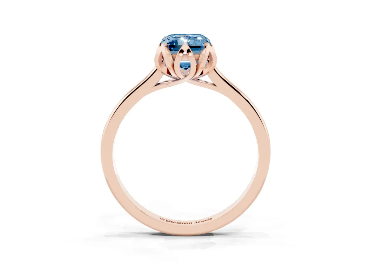 Fancy Blue Emerald Cut Diamond Solitaire Ring with Flower Prong Setting and Classic Band Rose gold