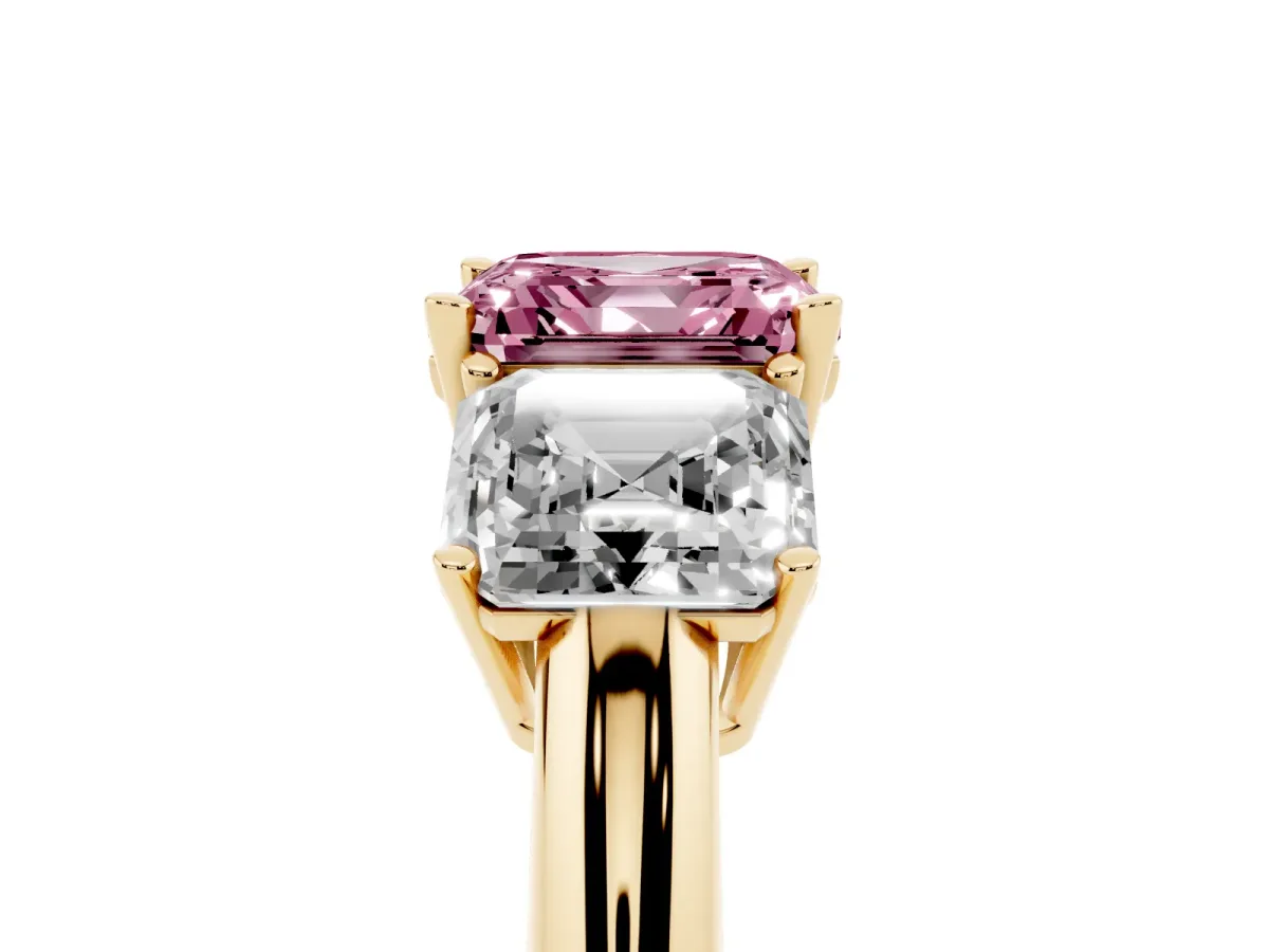 Fancy Pink Three-Stone Asscher Cut Cut Diamond Engagement Ring with Prong Setting on a White Gold Band Yellow gold