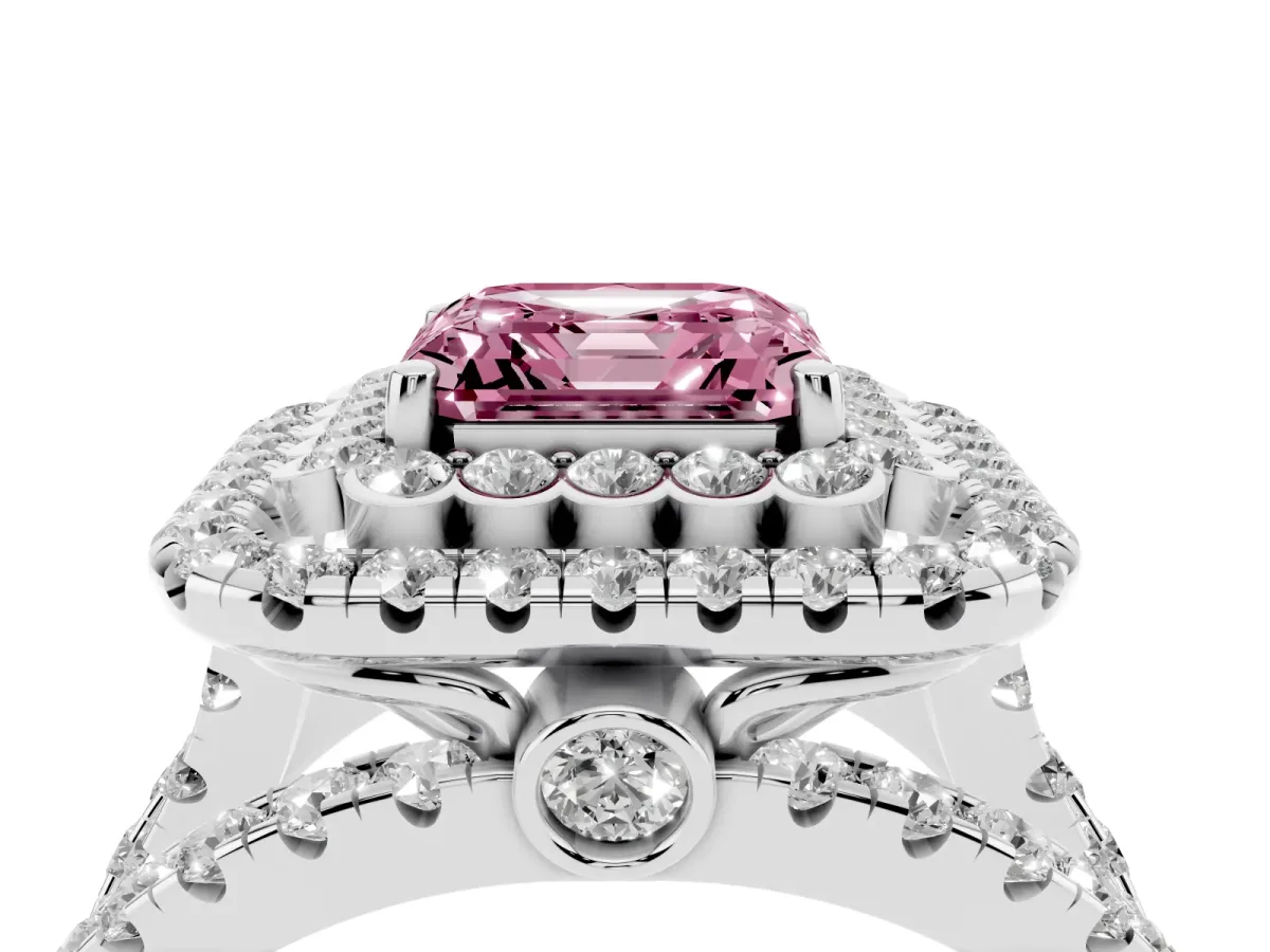 Fancy Pink Asscher Cut Diamond Double Halo Ring with Round Pavé Split Shank and Prong Setting Silver