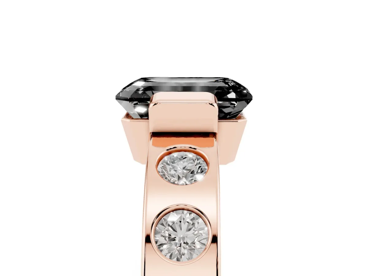 Fancy Black Emerald Cut Brilliant Channel-Set Diamond Ring with Bezel Prong Setting Rose gold