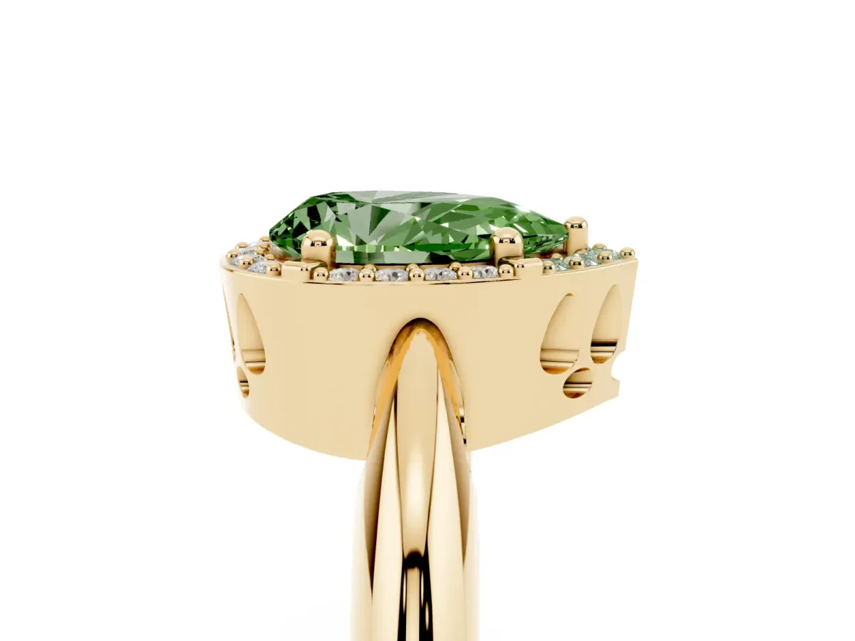 Fancy Green Pear Cut Cut Diamond Halo Engagement Ring with Split Shank and Four-Prong Setting Yellow gold