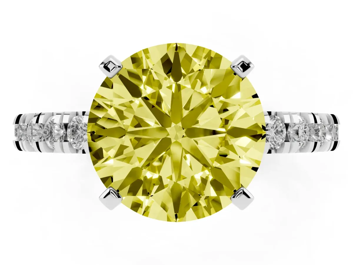 Fancy Yellow Round Cut Diamond Pavé Band Solitaire with Four-Prong Setting Silver