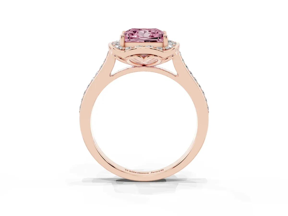 Fancy Pink Princess Cut Halo Round Diamond Pave Band with Four-Prong Setting Rose gold