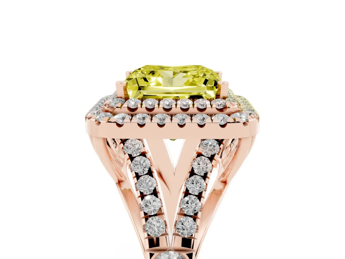 Fancy Yellow Double Halo Princess Cut Diamond Split Shank Engagement Ring with Four-Prong Setting Rose gold