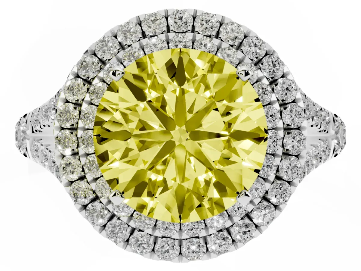 Fancy Yellow Round Cut Cut Double Halo Split Shank Diamond Ring with Prong Setting Silver