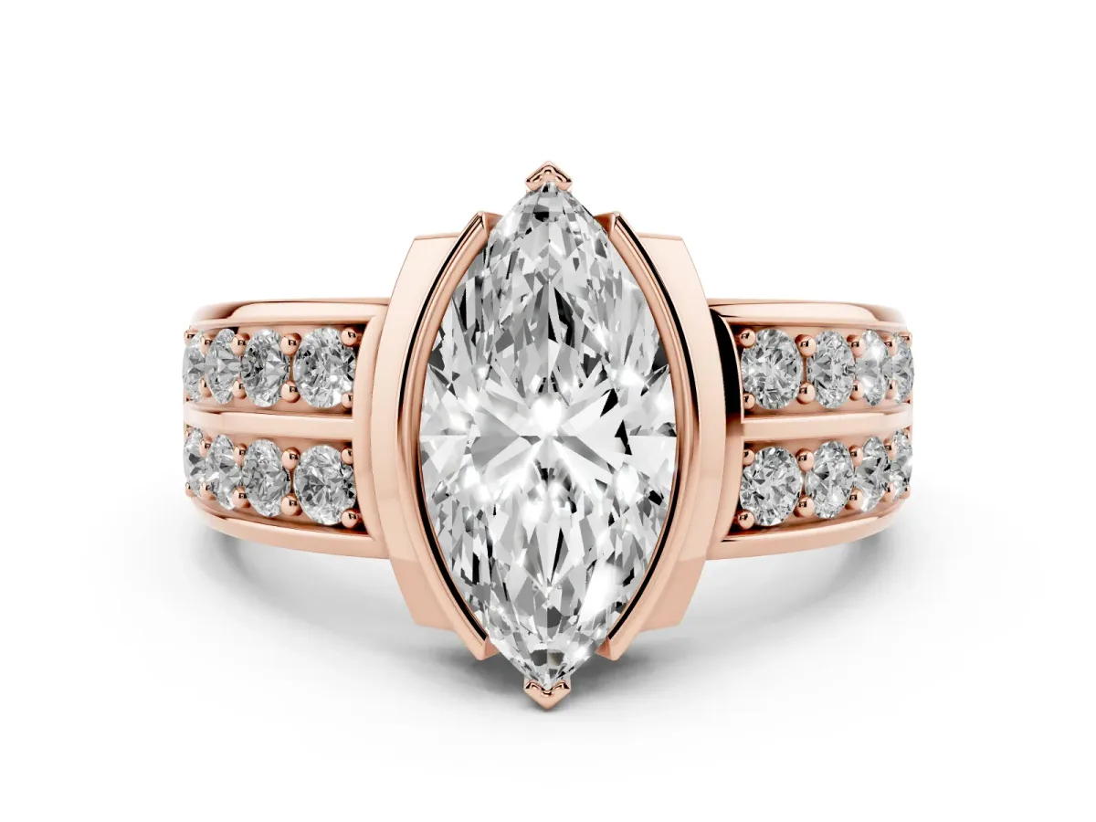 Marquise Cut Brilliant Diamond Channel Set Wide Band Ring with Bezel Setting Rose gold