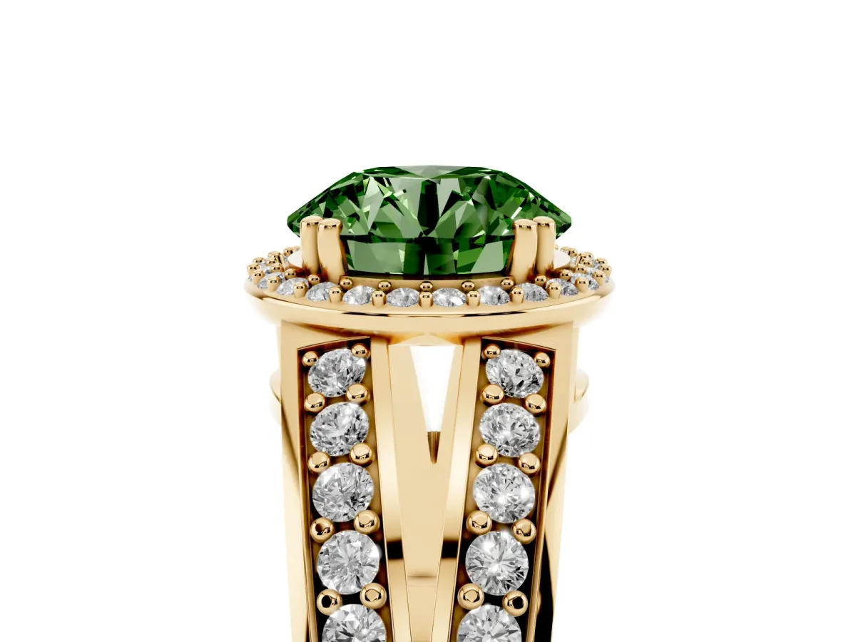 Fancy Green Round Cut Diamond Halo Ring with Split Shank Pavé Band and Four-Prong Setting Yellow gold