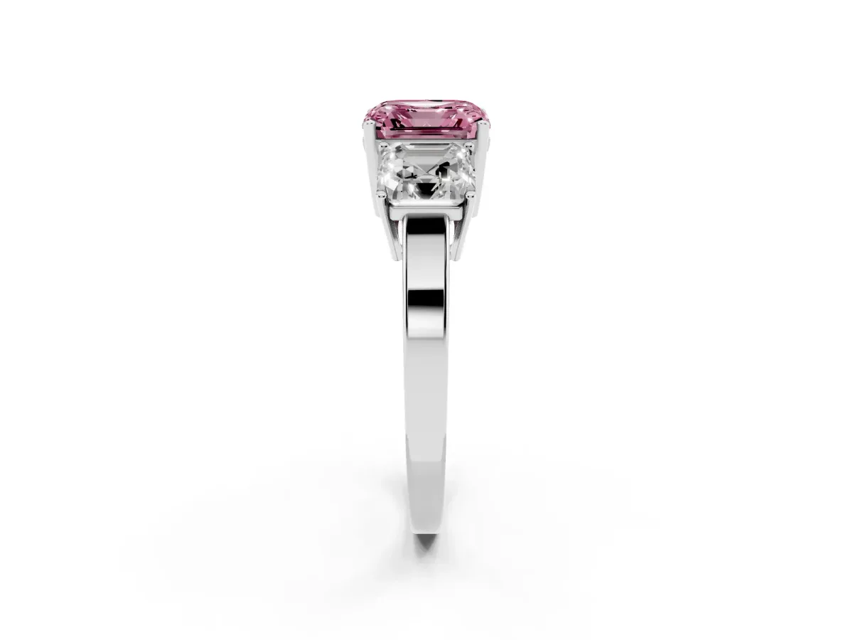 Fancy Pink Three-Stone Asscher Cut Cut Diamond Engagement Ring with Flat Band and Four-Prong Setting Silver