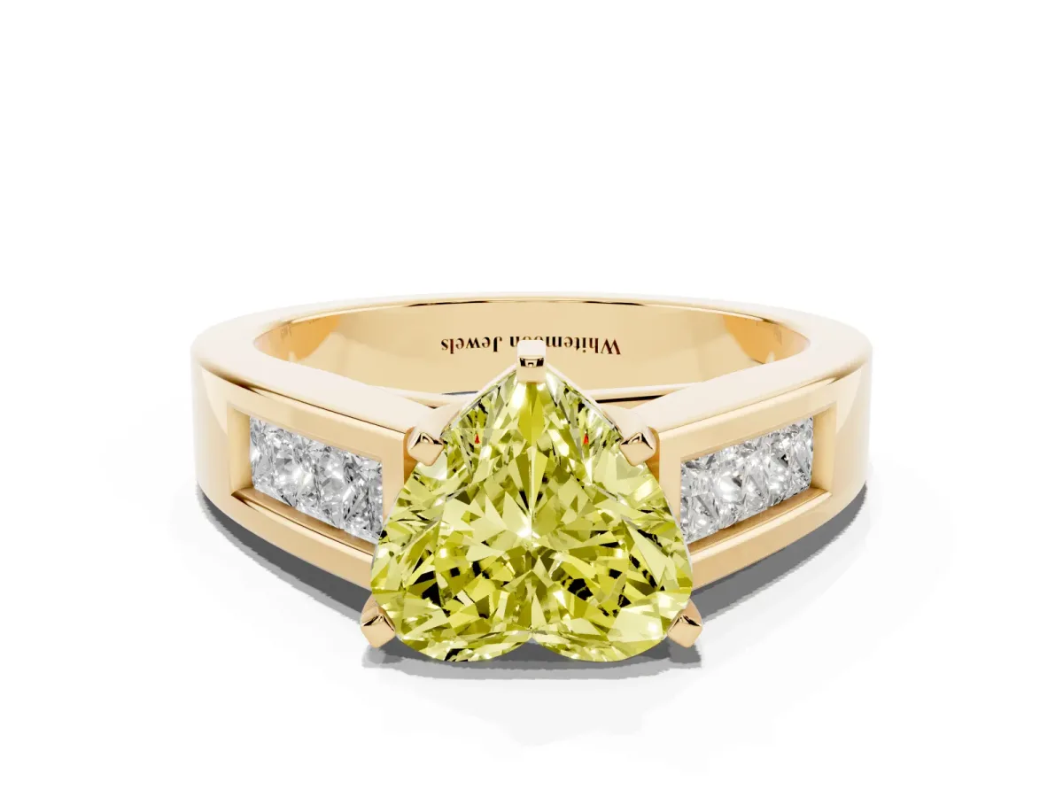 Fancy Yellow Heart Cut Cut Channel Set Solitaire Ring with Four-Prong Setting Yellow gold