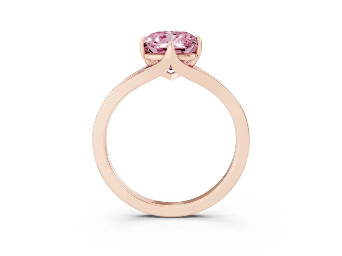 Fancy Pink Cushion Cut Solitaire Diamond Ring with Six-Prong Setting and Tapered Band Rose gold