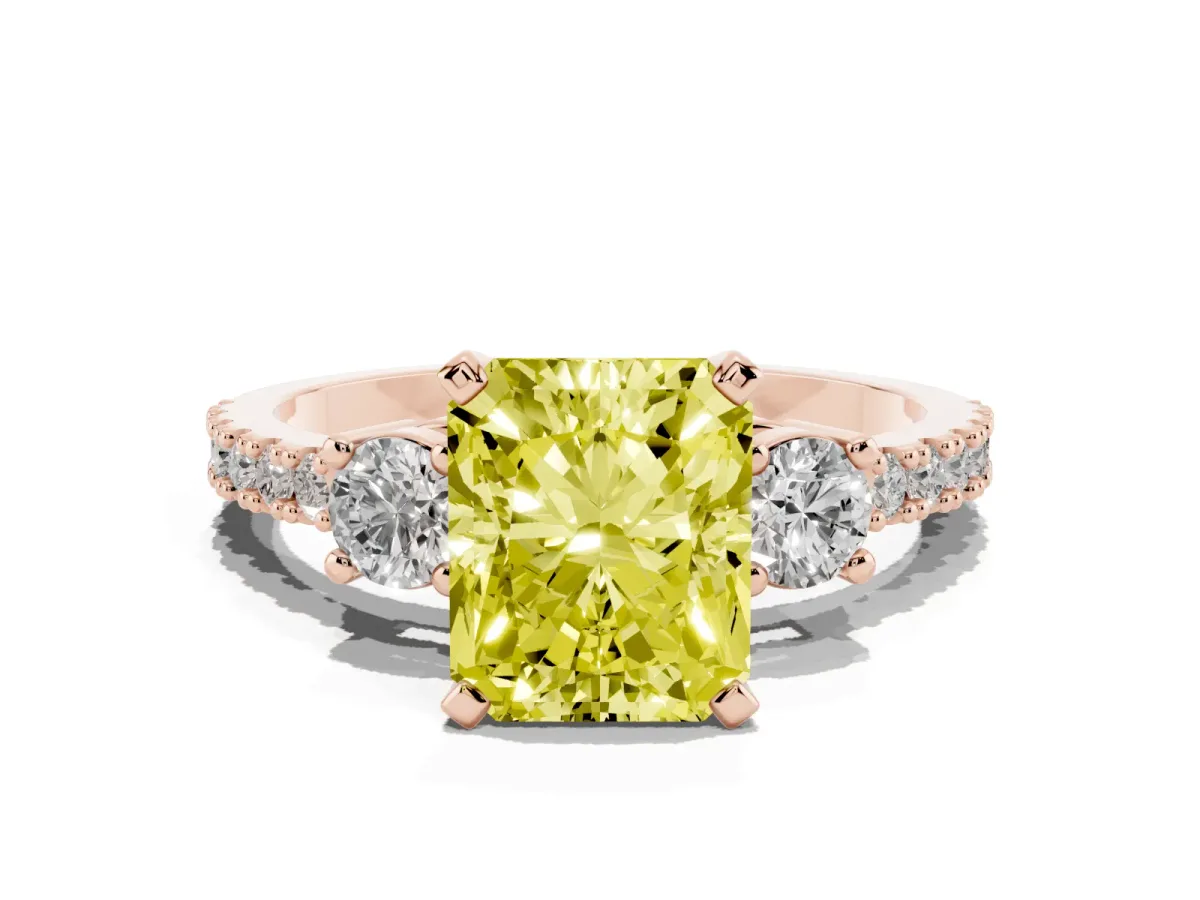 Fancy Yellow Radiant Cut Three-Stone Diamond Pavé Band with Prong Setting Rose gold