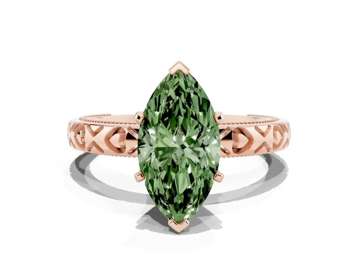 Fancy Green Marquise Cut Solitaire Diamond Engagement Ring with XO Engraved Band and Four-Prong Setting Rose gold