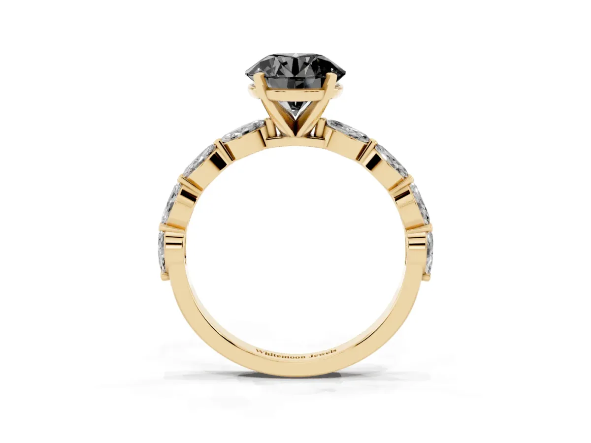 Fancy Black Round Cut Diamond Ring with Marquise Side Stones and Prong Setting Yellow gold