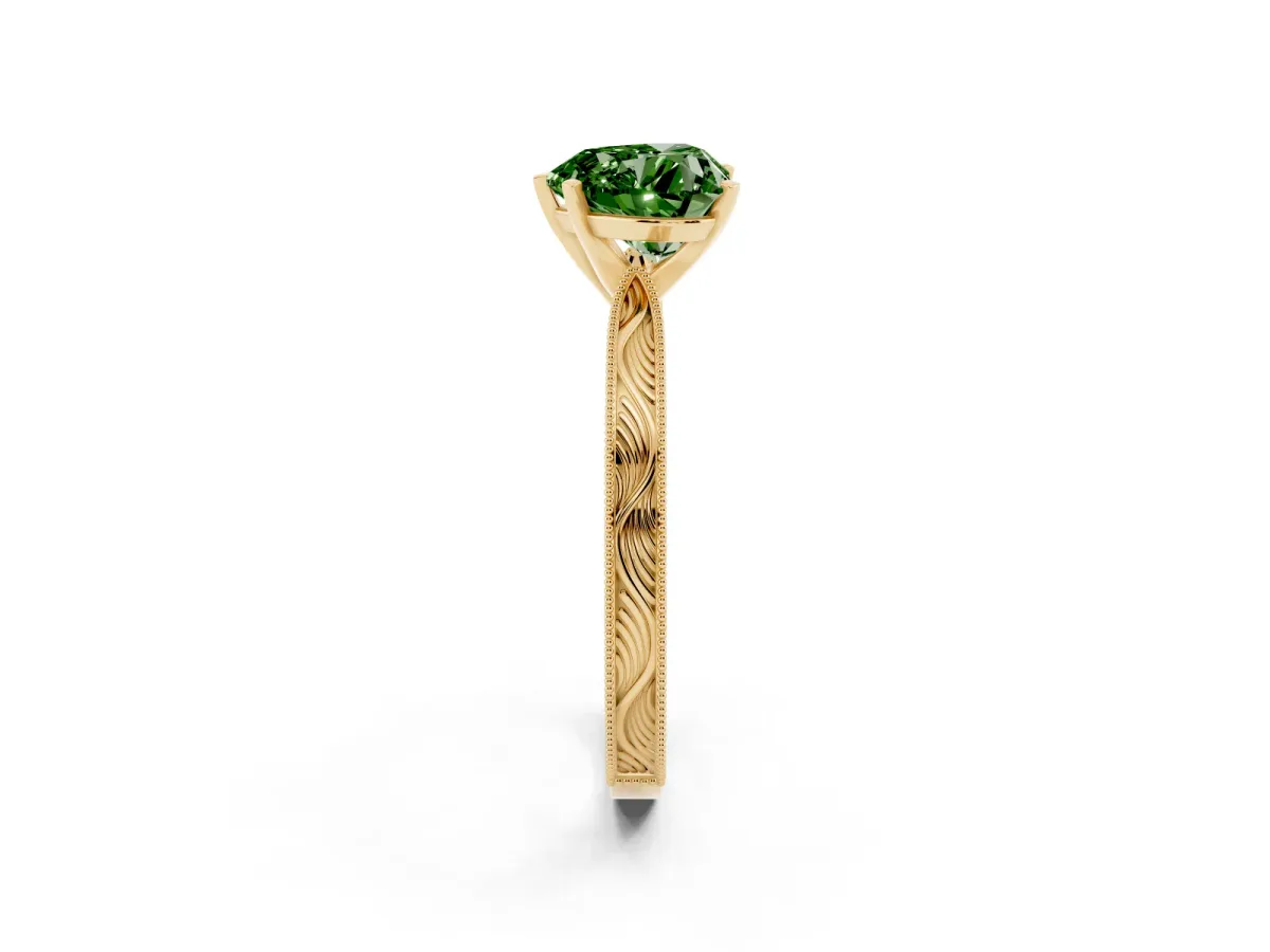 Fancy Green Heart Cut Solitaire Milgrain Engraved Band with Four-Prong Setting Yellow gold