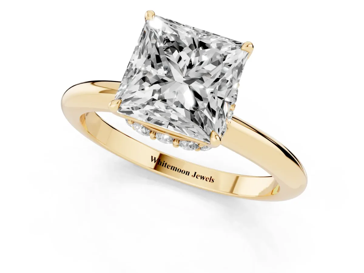 Princess Cut Brilliant Solitaire Engagement Ring with Six-Prong Setting and Classic Band Yellow gold