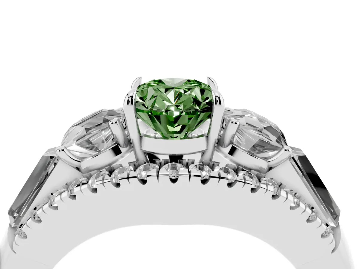 Fancy Green Three-Stone Oval Cut Diamond Engagement Ring with Pave Band and Prong Setting Silver