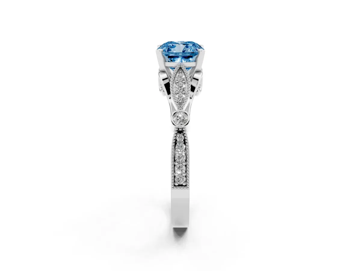 Fancy Blue Cushion Cut Cut Diamond with Milgrain Marquise and Bezel Accents on a Solitaire Band with Prong Setting White gold