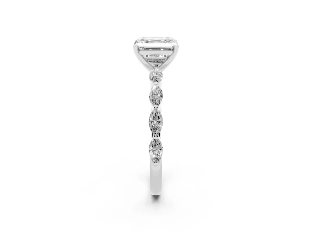 Asscher Cut Diamond Ring with Marquise Side Stones and Prong Setting Platinum