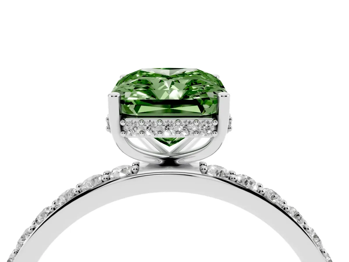 Fancy Green Radiant Cut Diamond Solitaire Ring with Pavé Band and Hidden Halo White gold