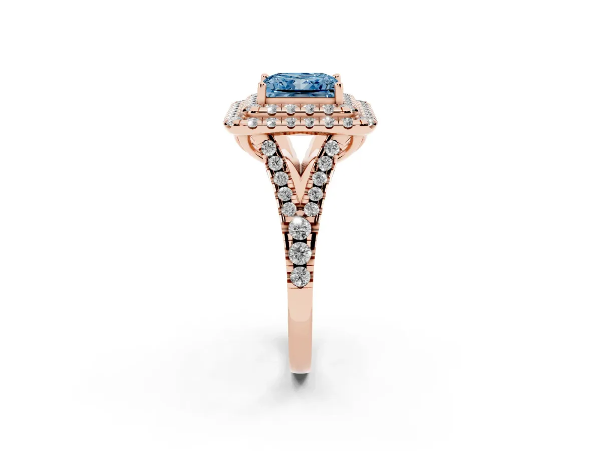 Fancy Blue Double Halo Princess Cut Diamond Pavé Split Shank Ring with Prong Setting Rose gold