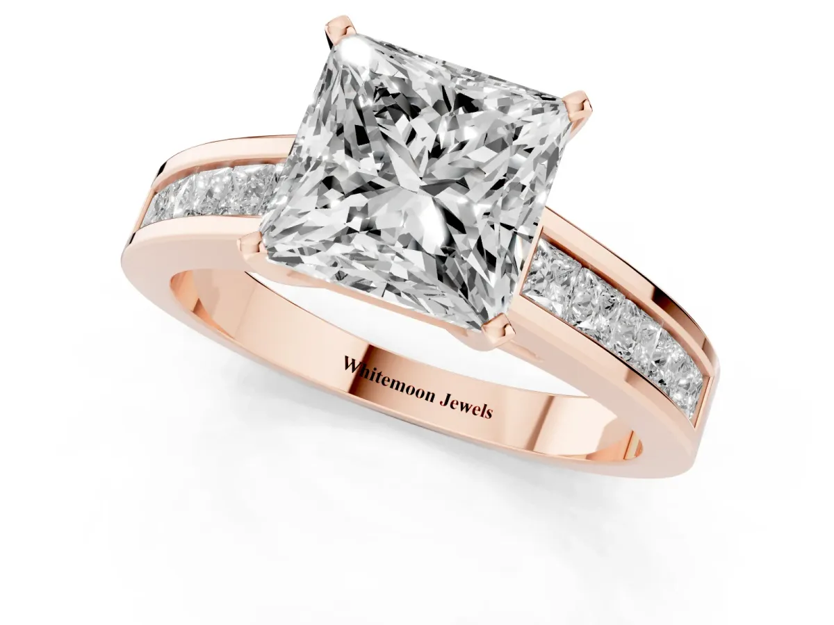 Princess Cut Solitaire Diamond Ring with Channel-Set Band and Four-Prong Setting Rose gold